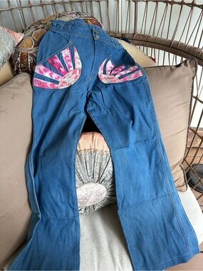 Chasing Unicorns Blue Flare Jeans with Pink Patch Pockets